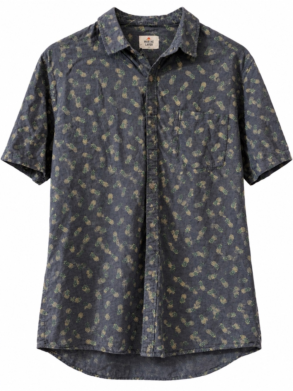 Marine Layer Navy Short-Sleeve Shirt with Green Pineapple Print